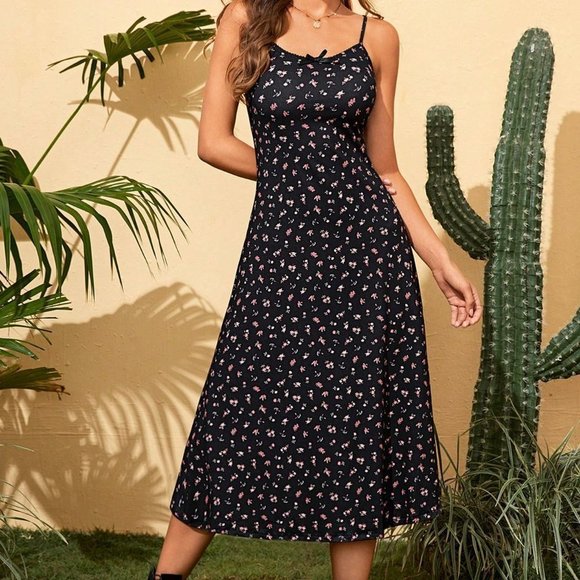 Black and White Boho Womens Ditsy Floral Print Cami Dress - Picture 5 of 5